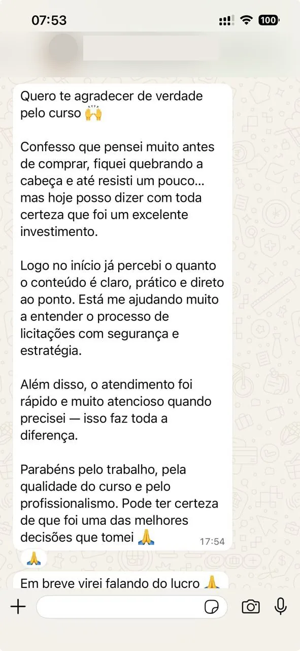 Mensagem de aluna do Licita Fácil